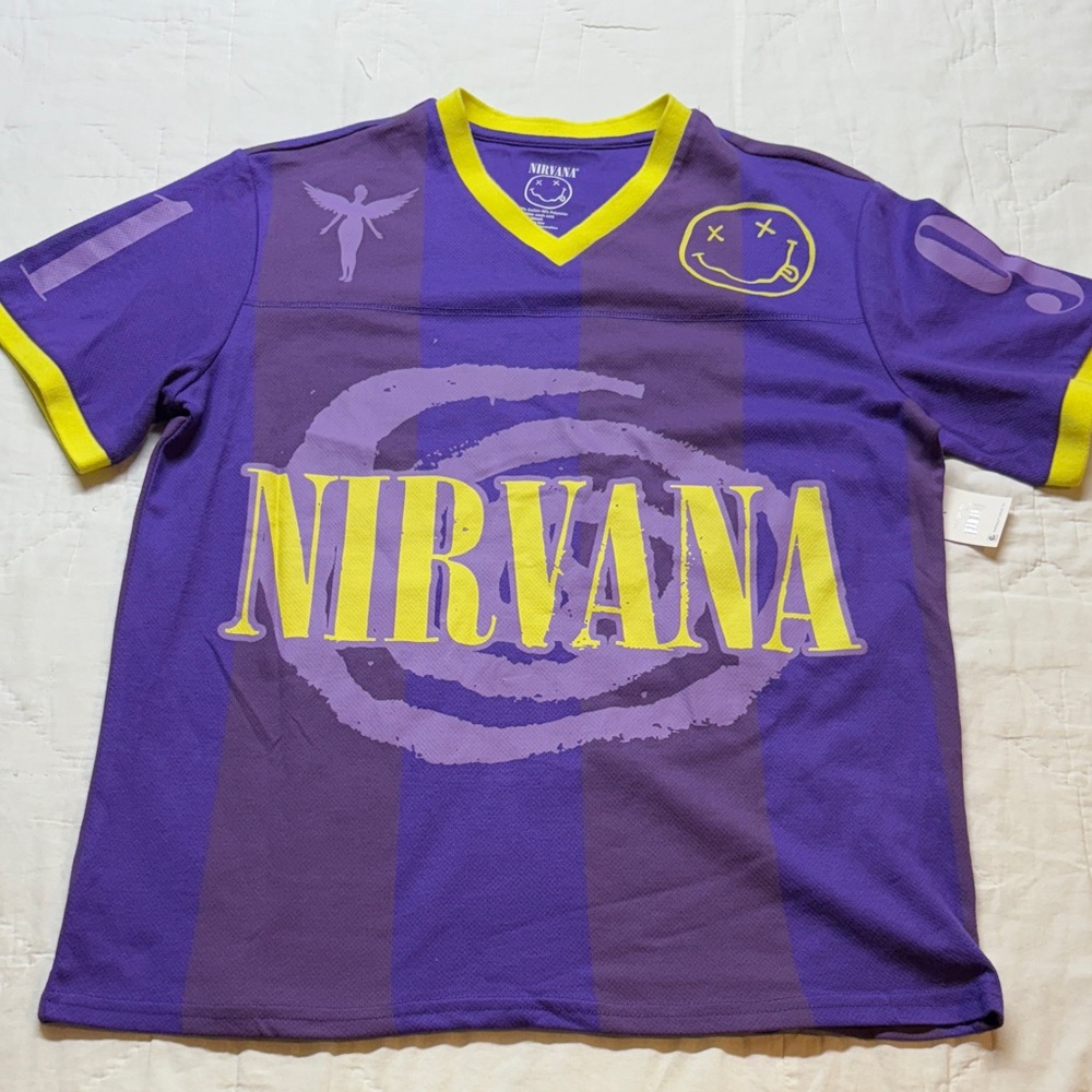 NWT Nirvana In Utero 91 Purple &‎ Yellow Mesh Soccer Jersey Style Shirt Large